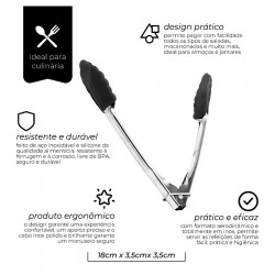 Pegador 18cm Para Salada em Aço Inox e Silicone Preto